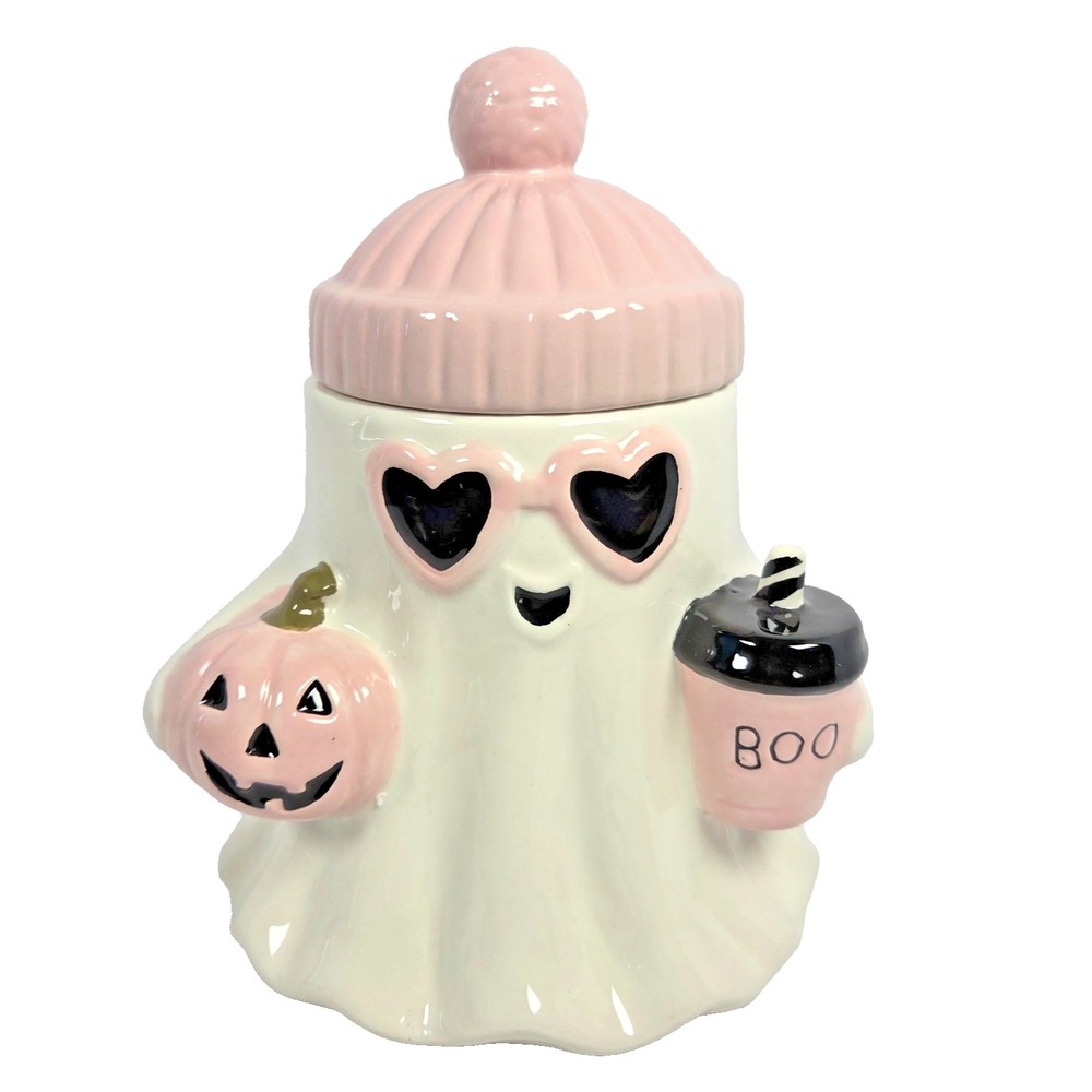 Booville Ceramic Canister Ghost Pink Pumpkin Boo Cup Halloween Decor 10 Inch